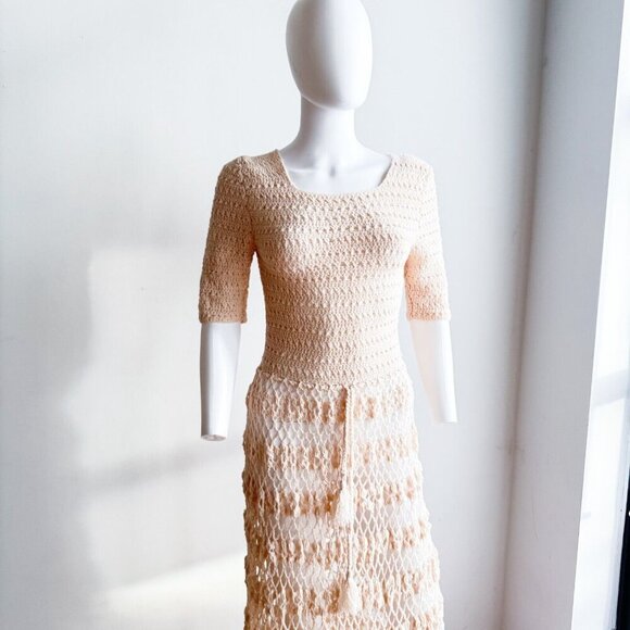 Vintage Crochet open Knit Ivory Cream Maxi Dress w Back Button Closure S - Picture 2 of 12